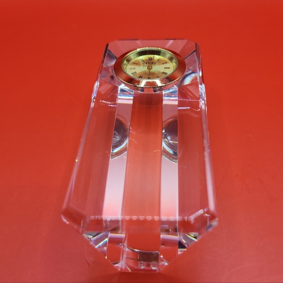 Desk Clock Crystal Cut Glass Paperweight Camry Gold Tone Triangular Column Nice! - Picture 9 of 12